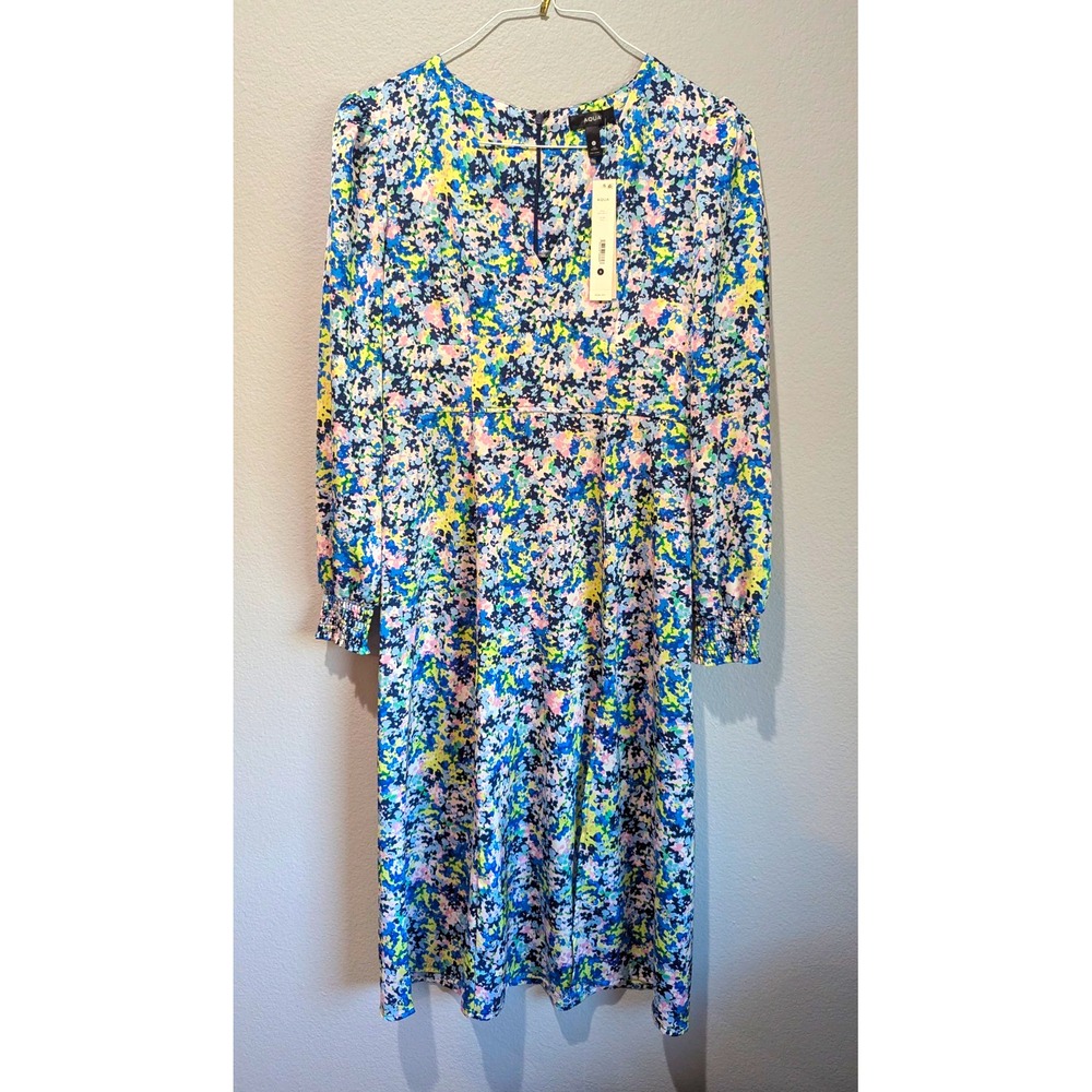 AQUA Floral Midi Dress Women Small Multi Color V-Neck Long Sleeve NWT WDR109771